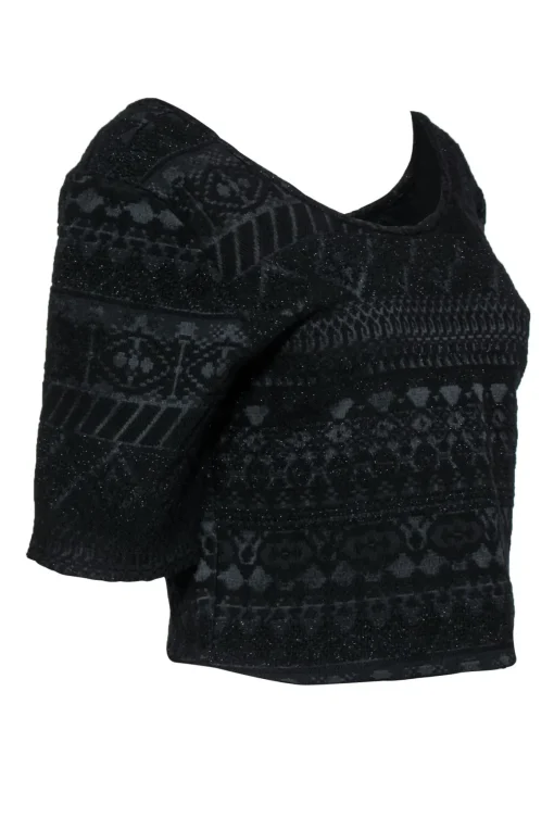 Rebecca Minkoff - Black Sparkly Aztec Textured Cropped "James" Top Sz L
