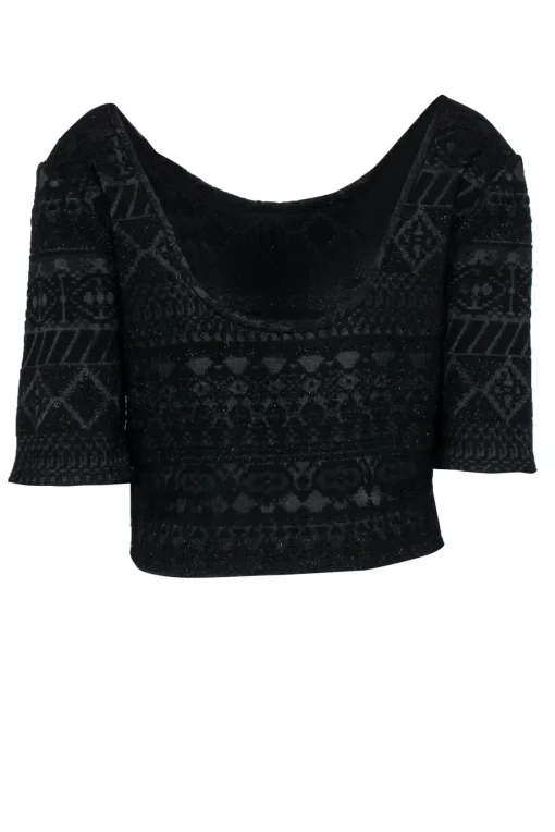 Rebecca Minkoff - Black Sparkly Aztec Textured Cropped "James" Top Sz L
