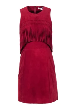 Rebecca Minkoff - Maroon Suede Goat Leather Sheath Dress w/ Fringe Sz 8