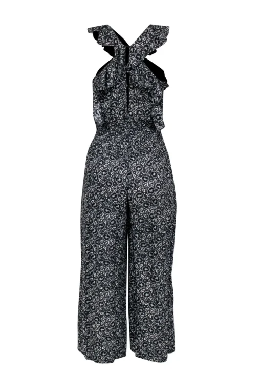 Rebecca Taylor - Black & White Floral Print Silk Wide Leg Jumpsuit w/ Ruffle Neckline Sz 4
