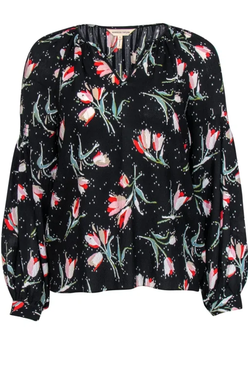 Rebecca Taylor - Black Floral Printed Silk Blend Blouse Sz 2