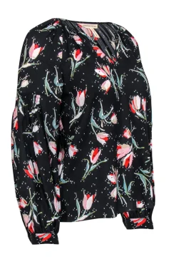 Rebecca Taylor - Black Floral Printed Silk Blend Blouse Sz 2