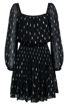 Rebecca Taylor - Black Long Sleeve w/ Metallic Gold Details & Smocked Waist Dress Sz 8