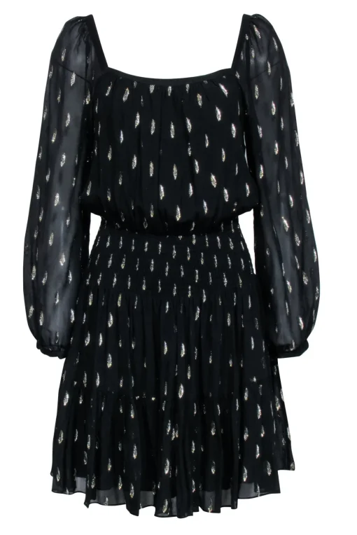 Rebecca Taylor - Black Long Sleeve w/ Metallic Gold Details & Smocked Waist Dress Sz 8