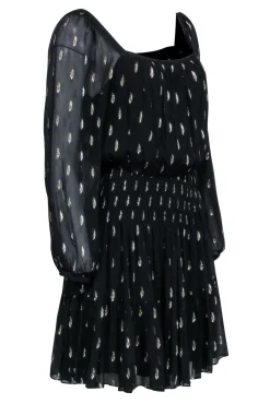 Rebecca Taylor - Black Long Sleeve w/ Metallic Gold Details & Smocked Waist Dress Sz 8
