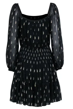 Rebecca Taylor - Black Long Sleeve w/ Metallic Gold Details & Smocked Waist Dress Sz 8