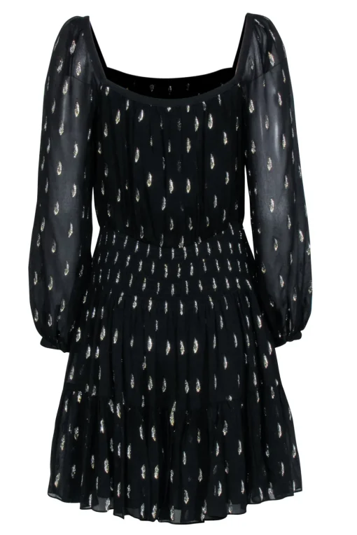 Rebecca Taylor - Black Long Sleeve w/ Metallic Gold Details & Smocked Waist Dress Sz 8