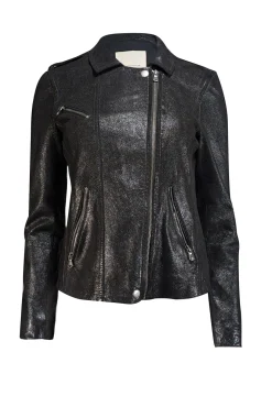 Rebecca Taylor - Black Metallic Coated Leather Moto Jacket Sz 4