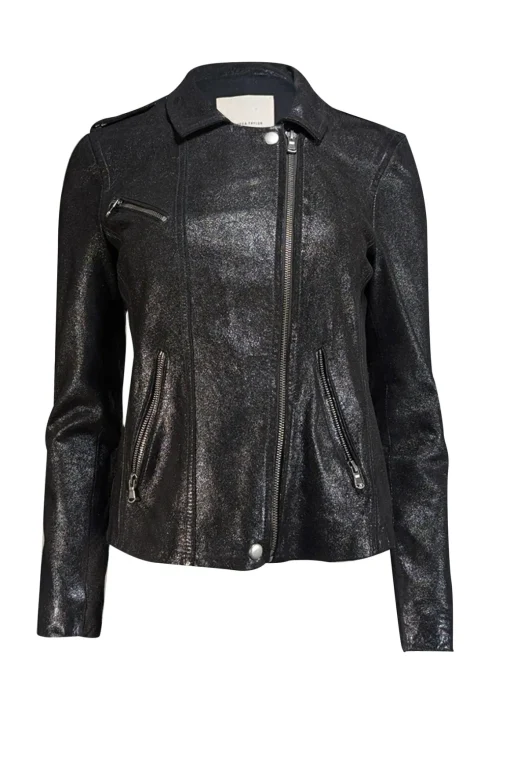 Rebecca Taylor - Black Metallic Coated Leather Moto Jacket Sz 4