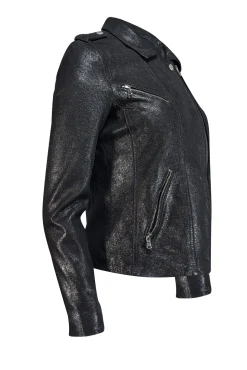 Rebecca Taylor - Black Metallic Coated Leather Moto Jacket Sz 4