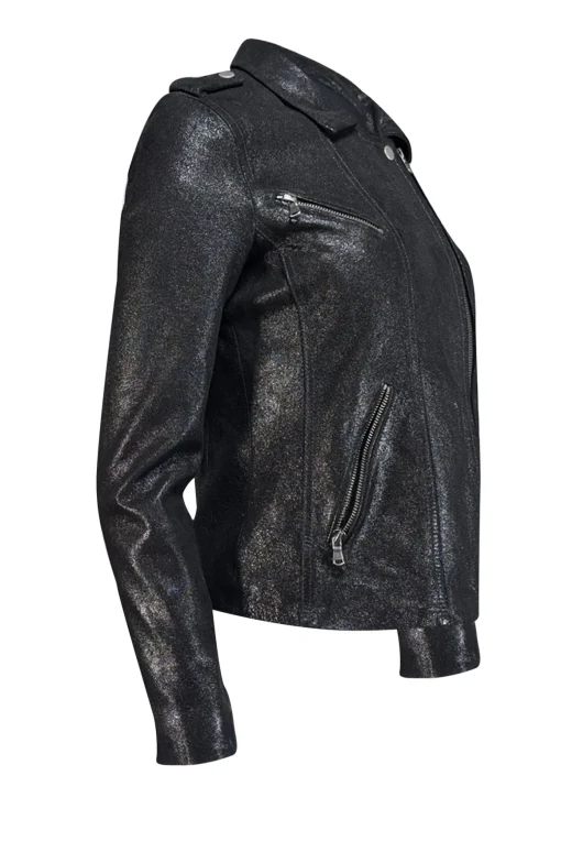 Rebecca Taylor - Black Metallic Coated Leather Moto Jacket Sz 4