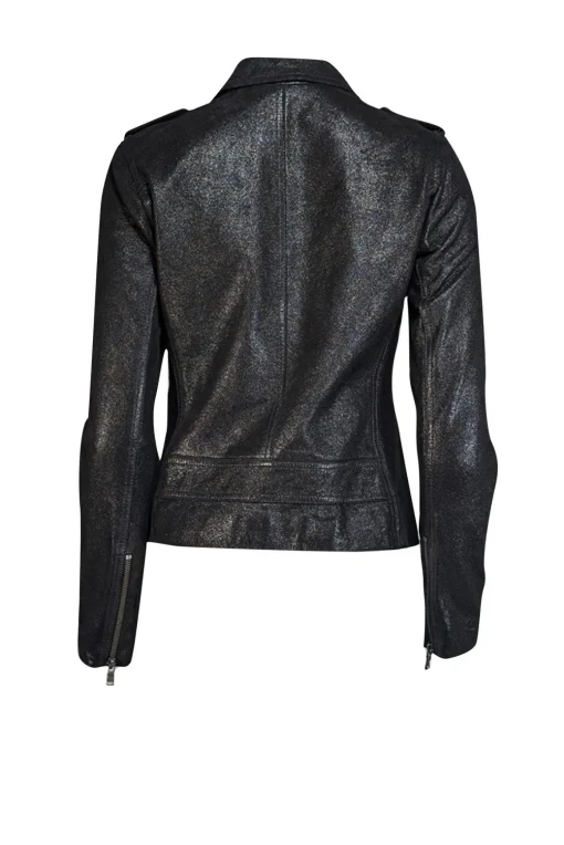 Rebecca Taylor - Black Metallic Coated Leather Moto Jacket Sz 4