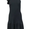 Rebecca Taylor - Black Ribbed Knit One-Shoulder Bodycon Dress w/ Ruffles Sz XS