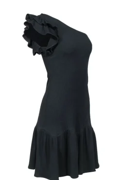 Rebecca Taylor - Black Ribbed Knit One-Shoulder Bodycon Dress w/ Ruffles Sz XS