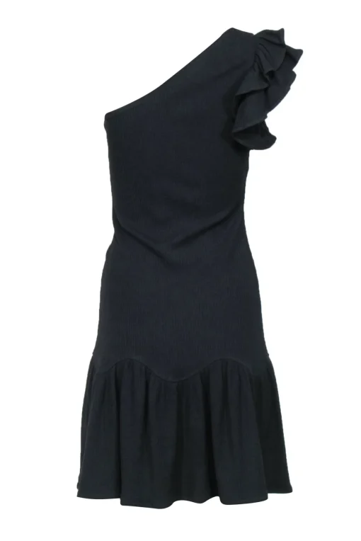 Rebecca Taylor - Black Ribbed Knit One-Shoulder Bodycon Dress w/ Ruffles Sz XS
