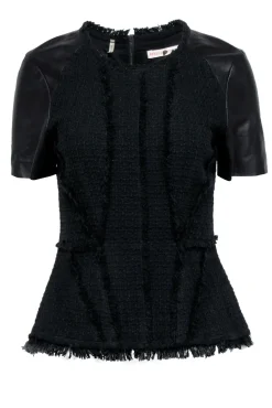 Rebecca Taylor - Black Tweed Peplum Top w/ Leather Short Sleeve Sz 8