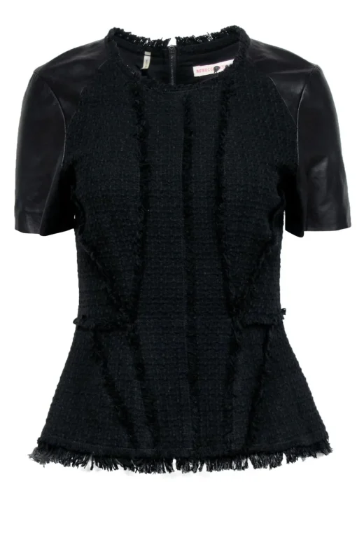 Rebecca Taylor - Black Tweed Peplum Top w/ Leather Short Sleeve Sz 8