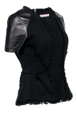 Rebecca Taylor - Black Tweed Peplum Top w/ Leather Short Sleeve Sz 8