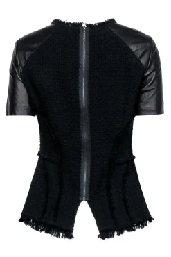 Rebecca Taylor - Black Tweed Peplum Top w/ Leather Short Sleeve Sz 8