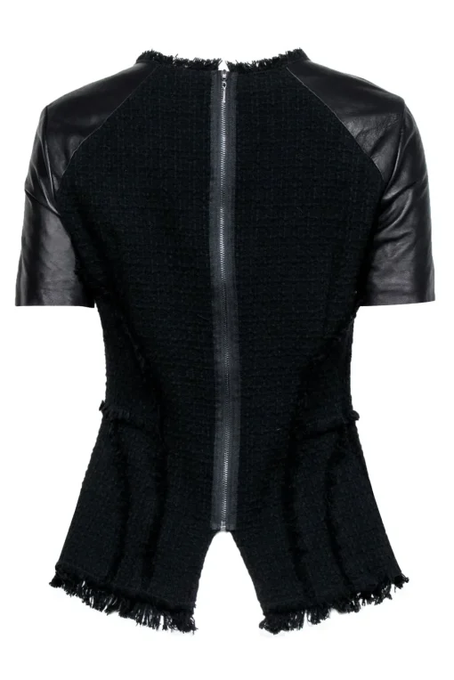 Rebecca Taylor - Black Tweed Peplum Top w/ Leather Short Sleeve Sz 8