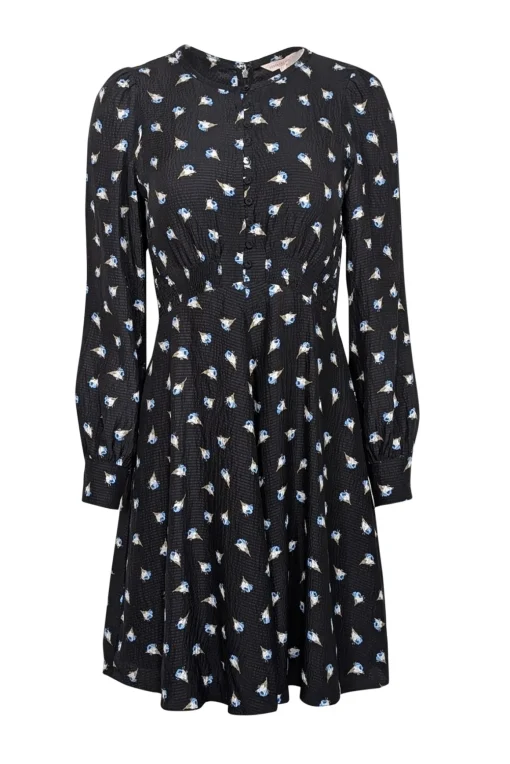 Rebecca Taylor - Black w/ Blue Floral Silk Long Sleeve Mini Dress Sz 2