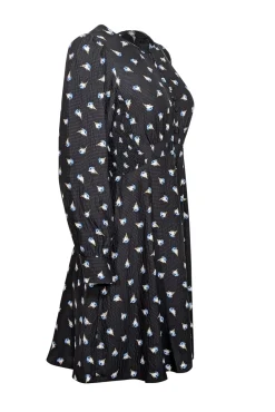 Rebecca Taylor - Black w/ Blue Floral Silk Long Sleeve Mini Dress Sz 2