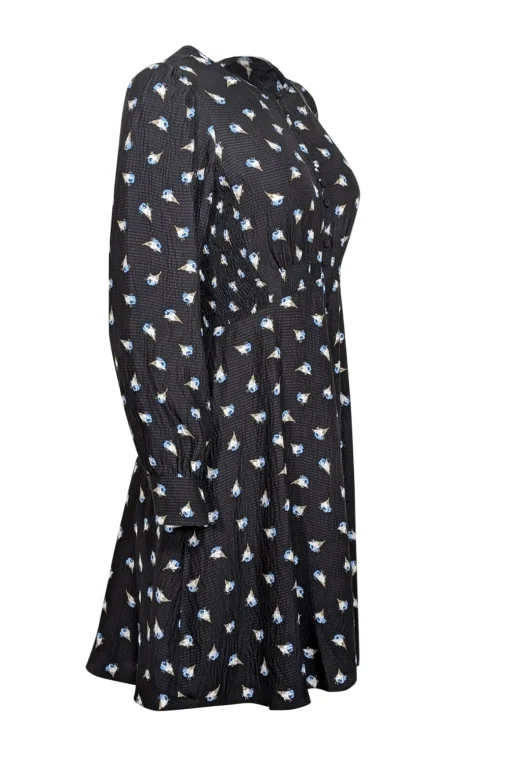 Rebecca Taylor - Black w/ Blue Floral Silk Long Sleeve Mini Dress Sz 2