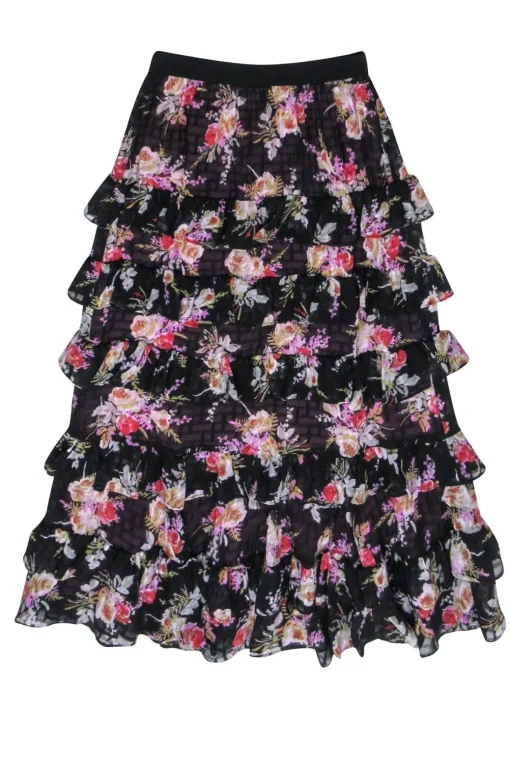 Rebecca Taylor - Black w/ Multicolor Floral Tiered Ruffle Midi Skirt Sz XS