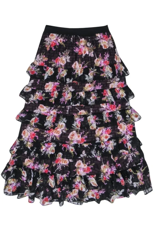 Rebecca Taylor - Black w/ Multicolor Floral Tiered Ruffle Midi Skirt Sz XS
