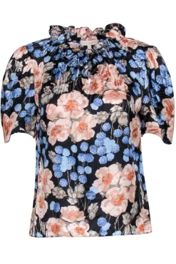 Rebecca Taylor - Black w/ Peach & Blue Floral Print Ruffled Mock Neck Top Sz S