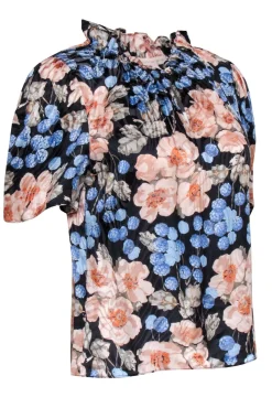 Rebecca Taylor - Black w/ Peach & Blue Floral Print Ruffled Mock Neck Top Sz S