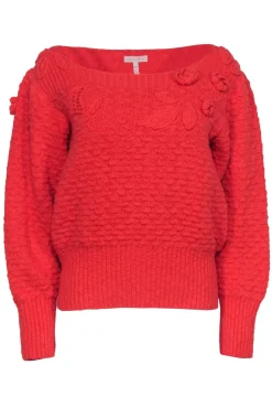 Rebecca Taylor - Coral Textured Knit Floral Embroidered Boatneck Sweater Sz XL