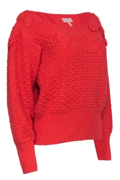 Rebecca Taylor - Coral Textured Knit Floral Embroidered Boatneck Sweater Sz XL
