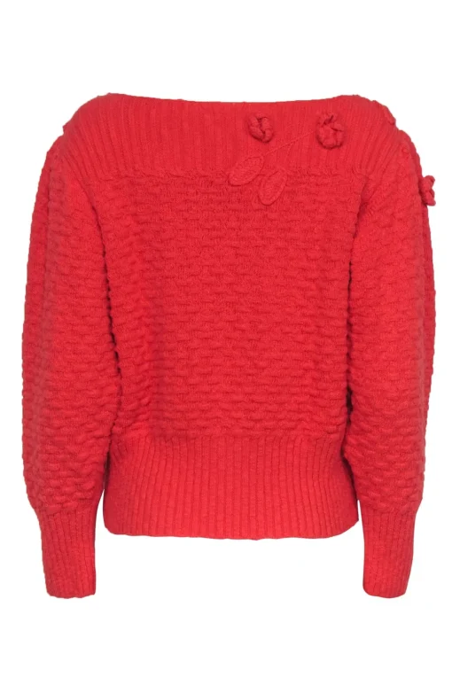 Rebecca Taylor - Coral Textured Knit Floral Embroidered Boatneck Sweater Sz XL