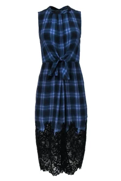 Rebecca Taylor - Navy & Purple Plaid Sleeveless Tie Front Dress w/ Lace Hem