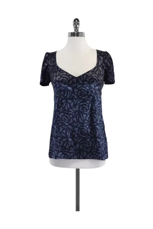 Rebecca Taylor - Navy & Steel Blue Rose Print Silk Shirt Sz 4