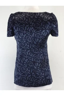 Rebecca Taylor - Navy & Steel Blue Rose Print Silk Shirt Sz 4