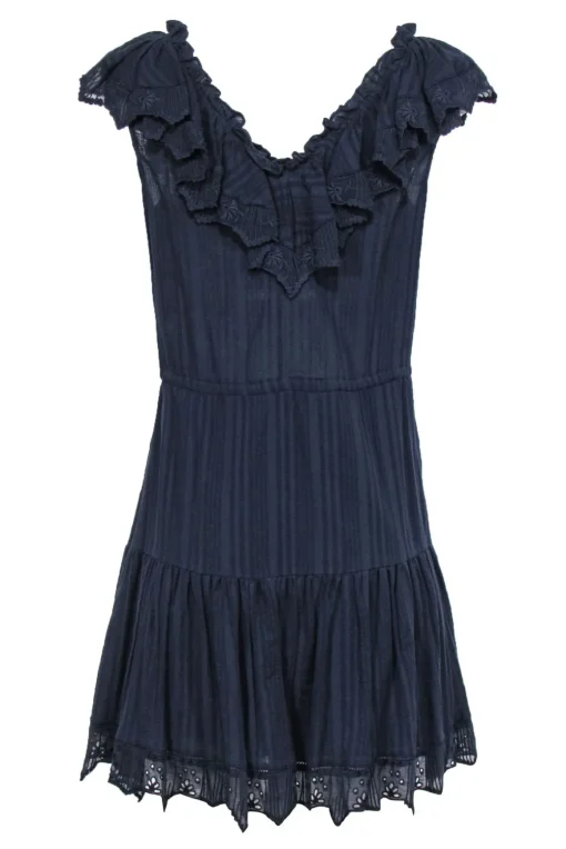 Rebecca Taylor - Navy Cotton Flutter Hem Dress w/ V-Neckline & Ruffles Sz 8