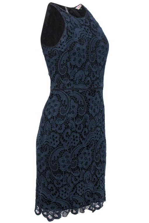 Rebecca Taylor - Navy Floral Lace Sleeveless Sheath Dress w/ Black Underlay Sz 4