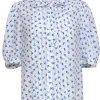 Rebecca Taylor - White & Blue Floral Print Puff Sleeve Silk Blouse Sz S