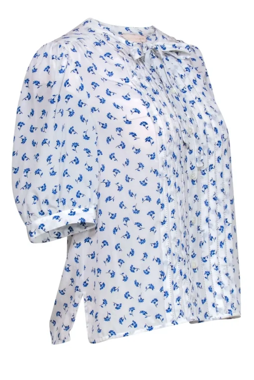 Rebecca Taylor - White & Blue Floral Print Puff Sleeve Silk Blouse Sz S