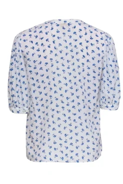 Rebecca Taylor - White & Blue Floral Print Puff Sleeve Silk Blouse Sz S