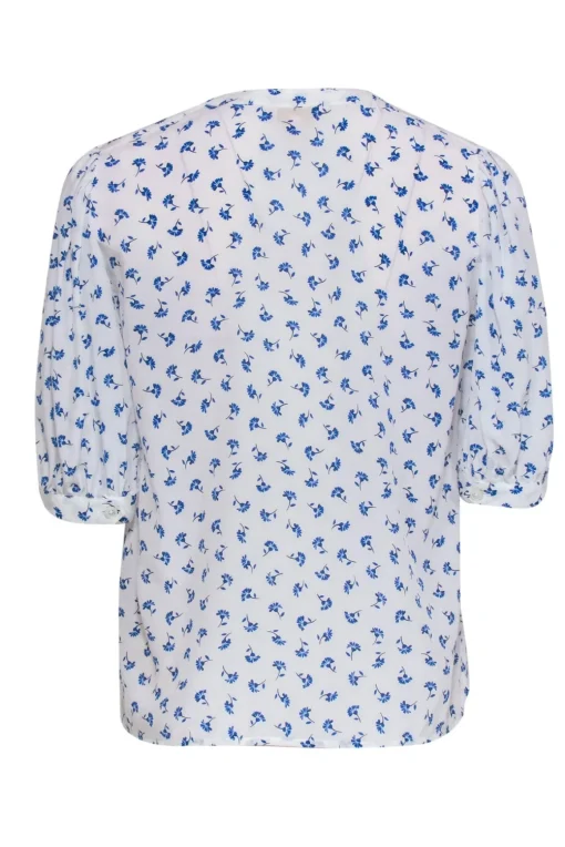 Rebecca Taylor - White & Blue Floral Print Puff Sleeve Silk Blouse Sz S