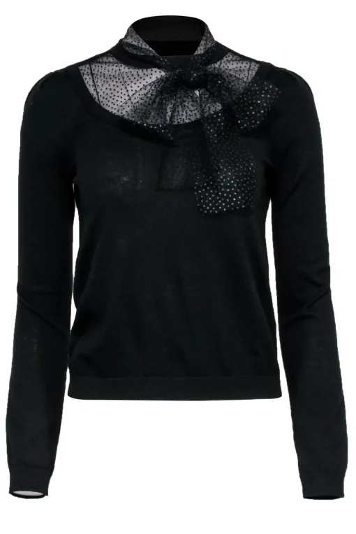 Red Valentino - Black Knit w/ Tulle Neck Tie Detail Sz S