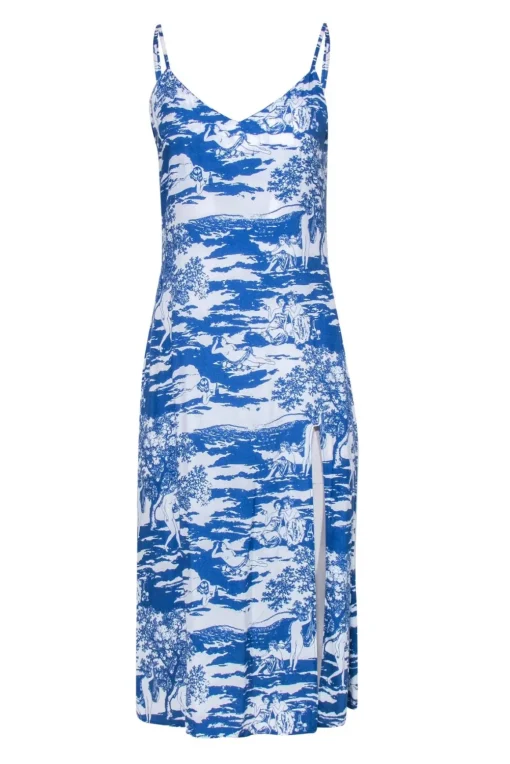 Reformation - Blue & White Scenic Women Print Sleeveless Slip Dress w/ Slit Sz 4