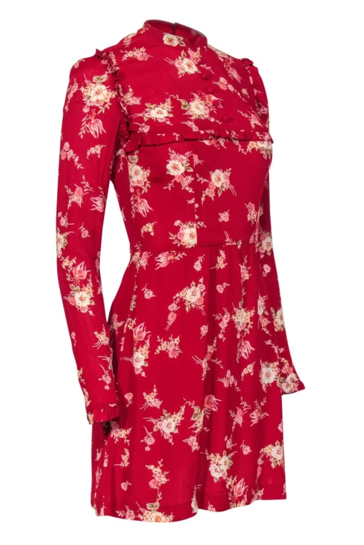 Reformation - Red Floral High Neck Mini Dress w/ Ruffle Trim Sz 0