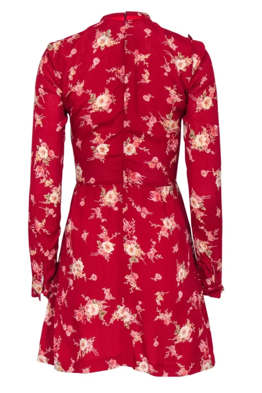 Reformation - Red Floral High Neck Mini Dress w/ Ruffle Trim Sz 0
