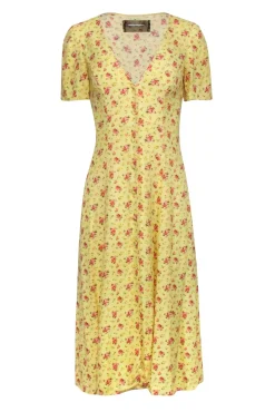 Reformation - Yellow Floral Print Short Sleeve Midi Dress Sz 0