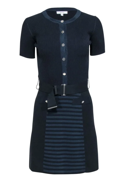 Reiss - Black & Navy Ribbed Knit Dress Sz XS