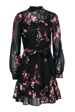 Reiss - Black Floral Print Mini Dress w/ Crochet Embellishment Sz 4